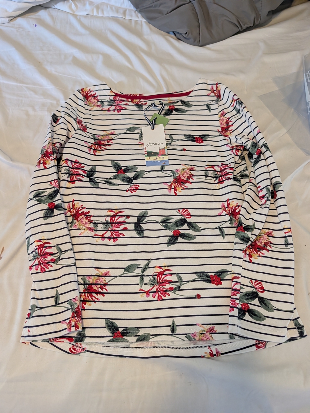 Joules White Striped Floral Long Sleeve Top